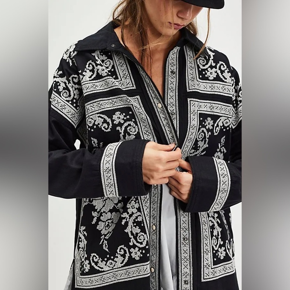 Free People We The Free NWT Lace Embroidered Denim Shirt - Black Combo Size L
